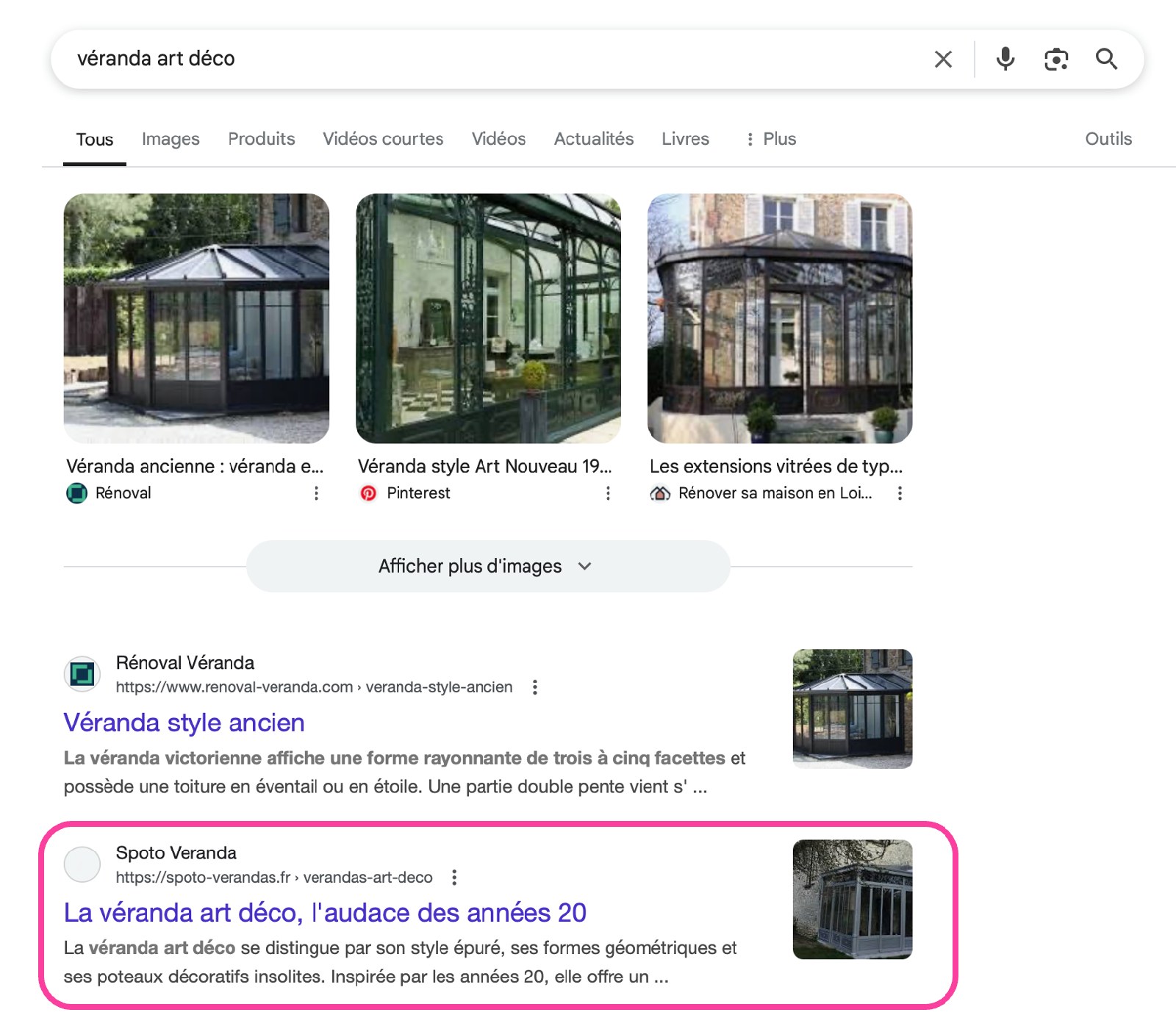 Positionnement du site de Spoto Véranda sur Google, après un travail d'optimisation des pages services