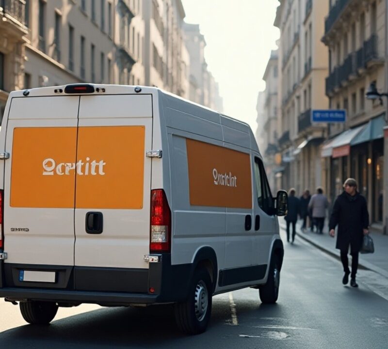 Camionette professionnelle dans une rue commerçante, d'une entreprise ayant mis en place une stratégie de SEO local.