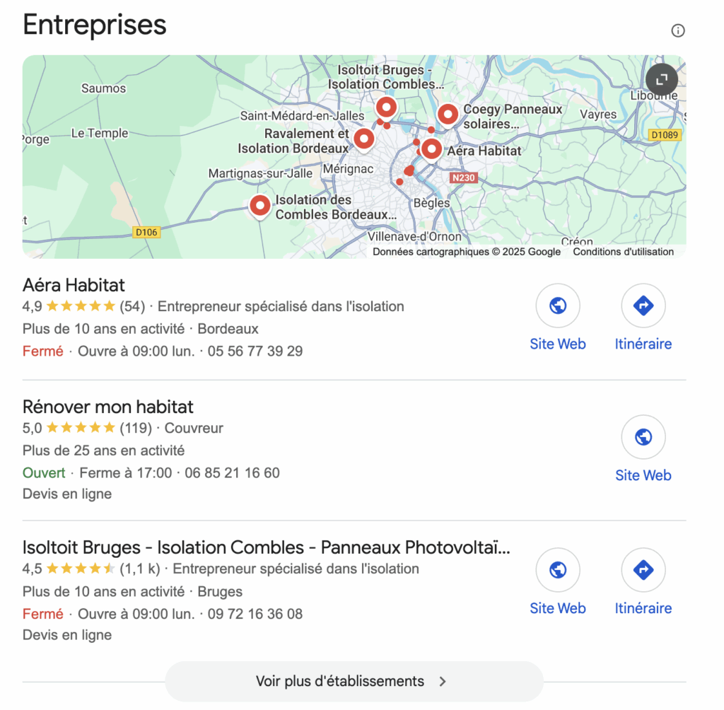 Aperçu du pack local dans Google, pour une requête géolocalisée en SEO local.